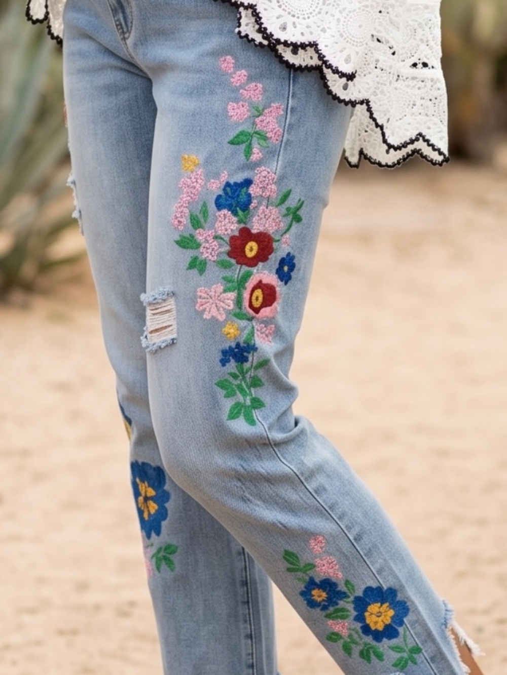 POL Floral Embroidered Boyfriend Jeans | Distressed Y2K Straight Leg Light Wash - Picture 2 of 7